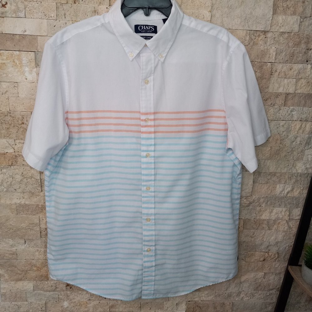 Chaps Men's Light Blue Stripe Cotton Blend Short Sleeve Button Down Shirt